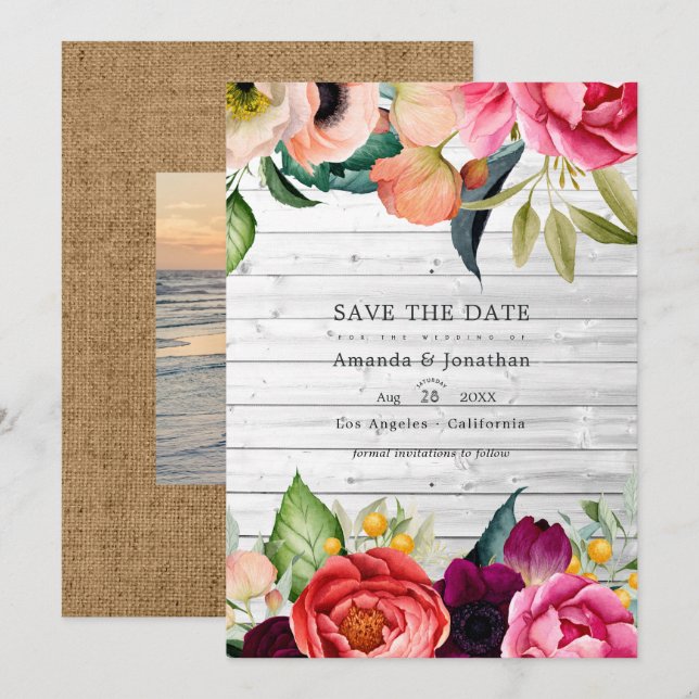 Reserve A Data Boho Floral Boêmio Casamento Salvar Data Featuring (Frente/Verso)