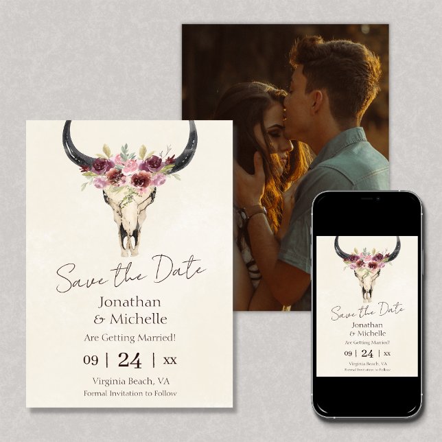 Reserve A Data Boho Floral Cow Skull Burgundy Casamento FOTO (Criador carregado)