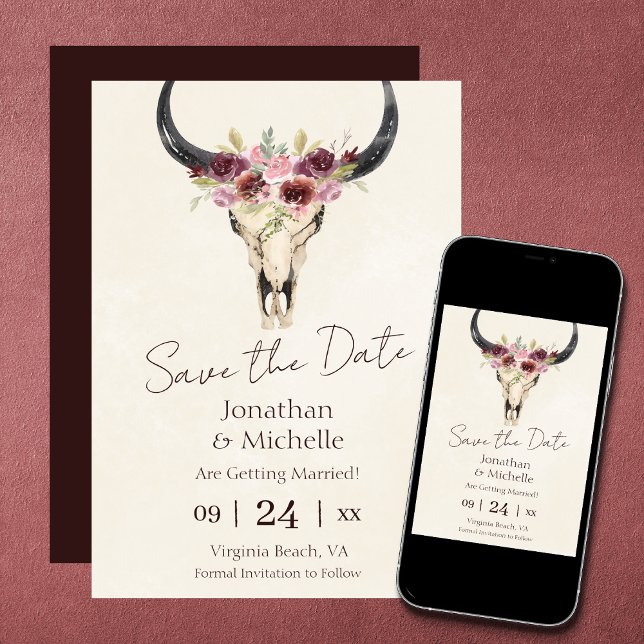 Reserve A Data Boho Floral Cow Skull Burgundy e Cream Weds (Criador carregado)