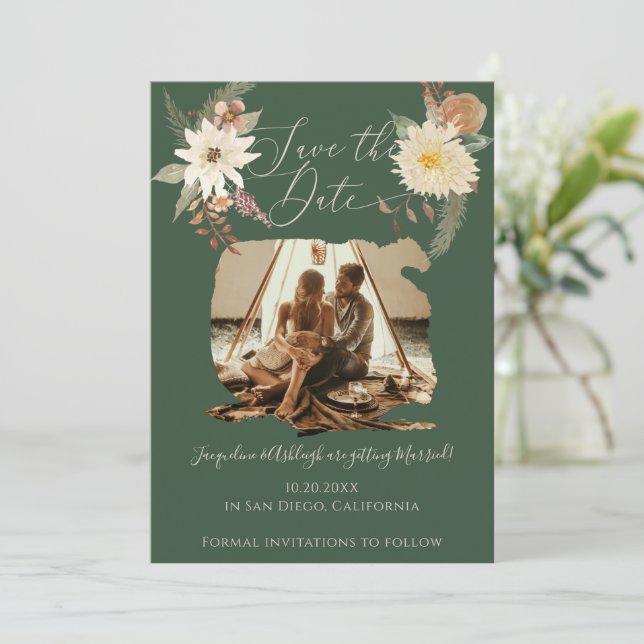 Reserve A Data BOHO Floral Fall Watercolor Forest Foto Verde (Em pé/Frente)