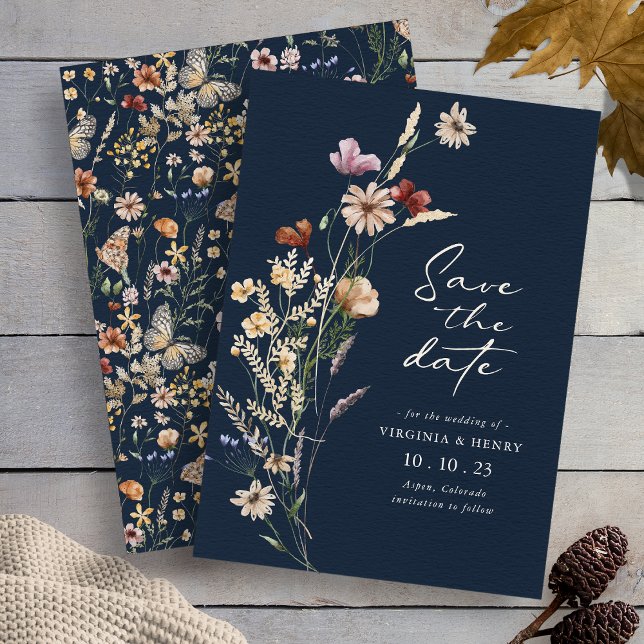 Reserve A Data Boho Floral Marinho Salve A Data (Boho Wildflower Floral Navy Save The Date Butterflies on Back by Painted Paperie
)
