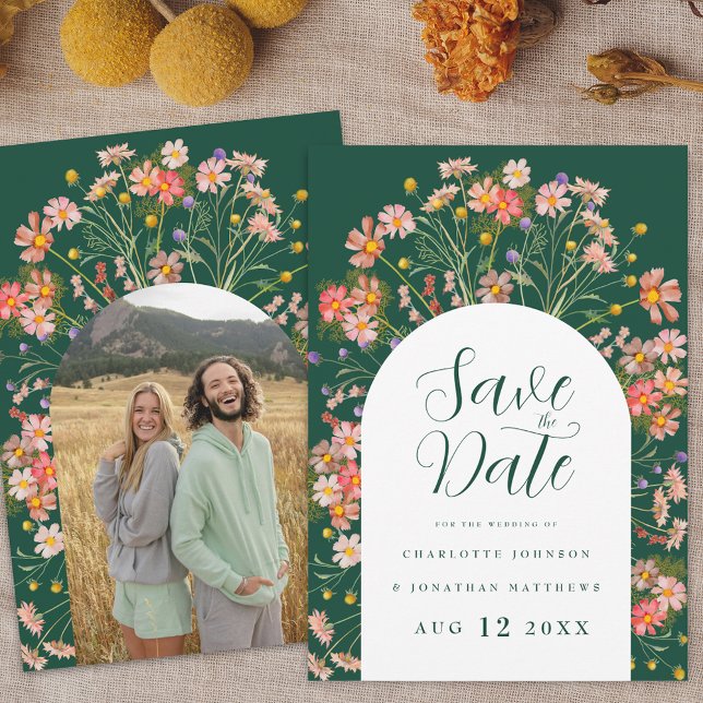 Reserve A Data Boho Floral Photo Arch Wedding (Boho fall Wildflower floral arch photo dark green Wedding save the date invitation )