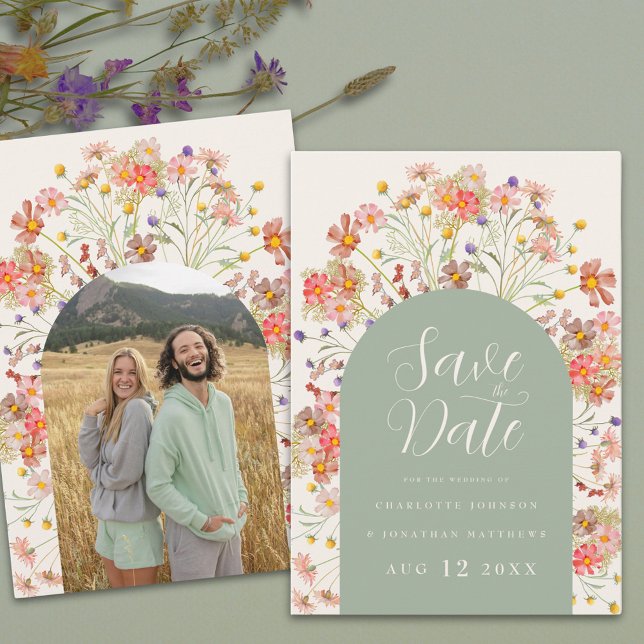 Reserve A Data Boho Floral Photo Arch Wedding (Boho wildflower floral arch sage green wedding save the date invitation Elegant script watercolor )