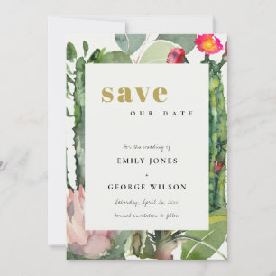 Reserve A Data BOHO FLORAL ROSA CACTO DESERTO FOLHAGEM Aquarela