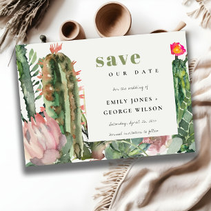 RESERVE A DATA BOHO FLORAL ROSA CACTO DESERTO FOLHAGEM AQUARELA