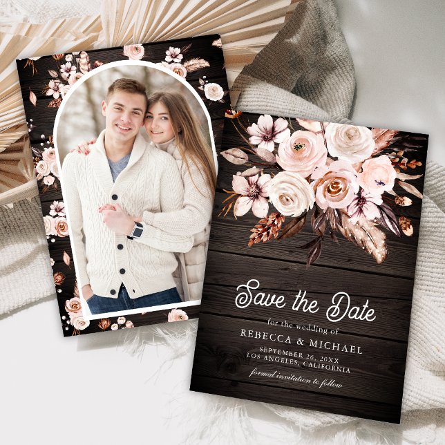 Reserve A Data Boho Floral Terroso Foto Casamento de Madeira (Criador carregado)