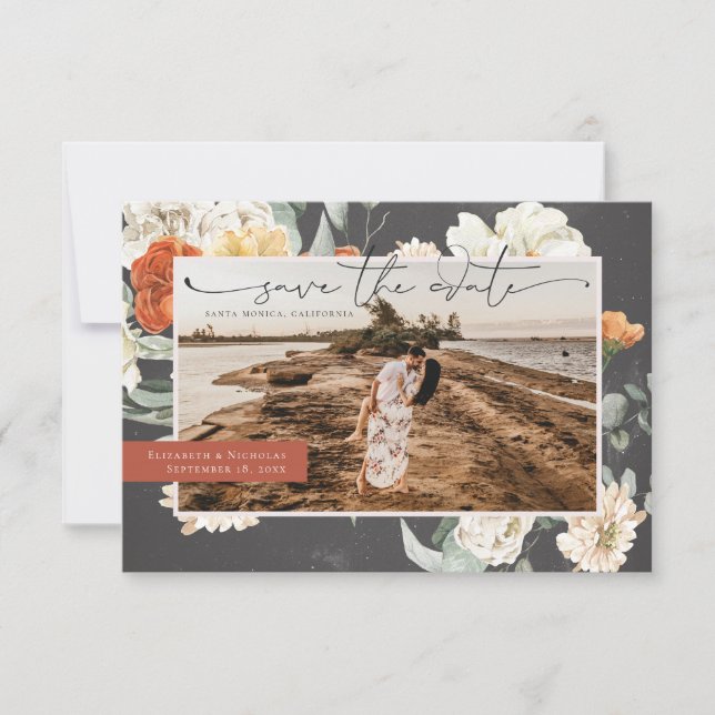 Reserve A Data Boho Floral Verde Escuro | Casamento de Foto (Frente)