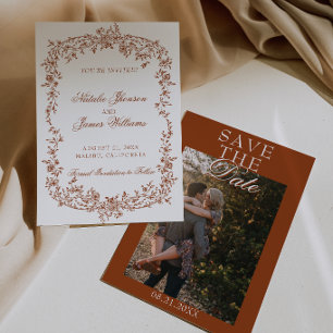 Reserve A Data Boho Laranja Queimado Floral Botânico Foto Casamen