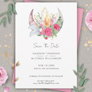 Reserve A Data Boho Lua Cristais Penas Flores Rosa Casamento