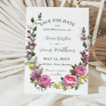 Reserve A Data Boho Magenta Casamento Floral Amarelo Púrpura Púrp<br><div class="desc">Este elegante casamento de vassoura salva a data com belas cores da água magenta, rosas de pénia rosa, lavandas roxas, flores mauve e amarelas e uma coroa verde rústica. Este casamento vibrante, salvo a data, é perfeito para o casamento de verão e primavera. Personalize-o com seus detalhes de forma fácil...</div>