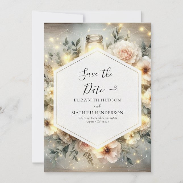Reserve A Data Boho Mason Jar Wedding Editável (Frente)