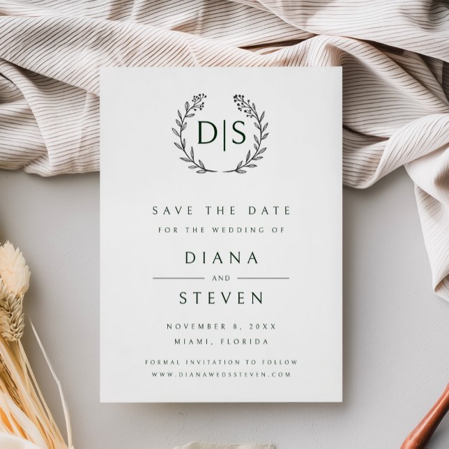 Reserve A Data Boho Moderno Casamento Minimalista (Minimalist black and white wedding save the date card with monogram and laurel wreath)
