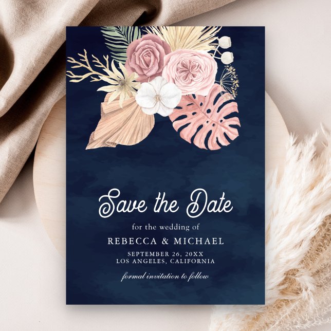 Reserve A Data Boho Palm Dusty Roses Rosa Marinho Casamento Azul (Criador carregado)
