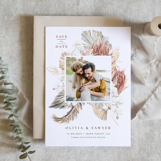 Reserve A Data Boho Palm Seco e Orquídea Branca Foto do Código QR (QR code save the date featuring a watercolor pampas grass, dried palm, orchids, and anthurium.)