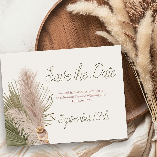 Reserve A Data Boho Pampas Grass Western Quinceanera (Save the Date from my Western Boho Quinceanera Collection - order printed or as printable download)