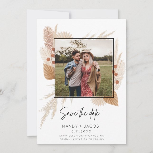 Reserve A Data Boho Pampas Rustic Photo Weding Date (Casamento de (Frente)