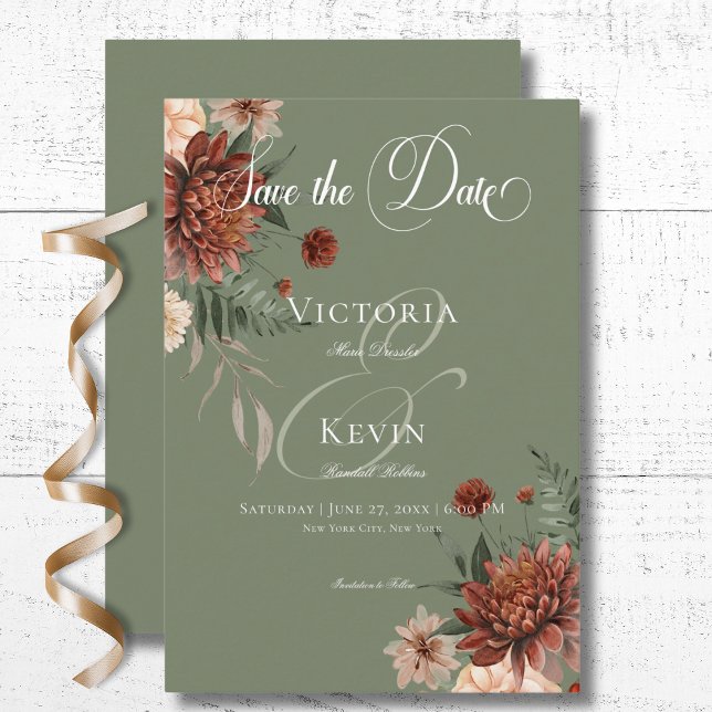 Reserve A Data Boho Peach & Rust Floral Sage Casamento Verde (Boho Peach & Rust Floral Sage Green Wedding Save The Date Card)