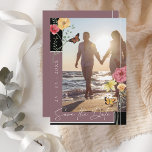 Reserve A Data Boho Plum Purple Wildflower Foto Salvar Data<br><div class="desc">Flores Selvagens Plum Purple Photo Save the Date Card. Relembre aos seus amigos e familiares a data do seu casamento, com esta floral, mauve, flores silvestres, foto que salva o cartão, com uma tipografia bonito e branca, sobre um fundo roxo e preto impressionante ao lado de uma foto na moda...</div>