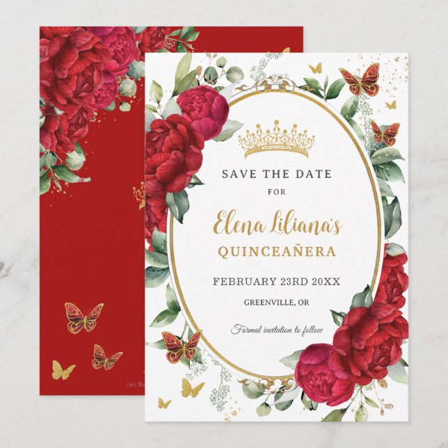 Reserve A Data Boho Red Peonies Borboletas Florais Quinceañera (Frente/Verso)