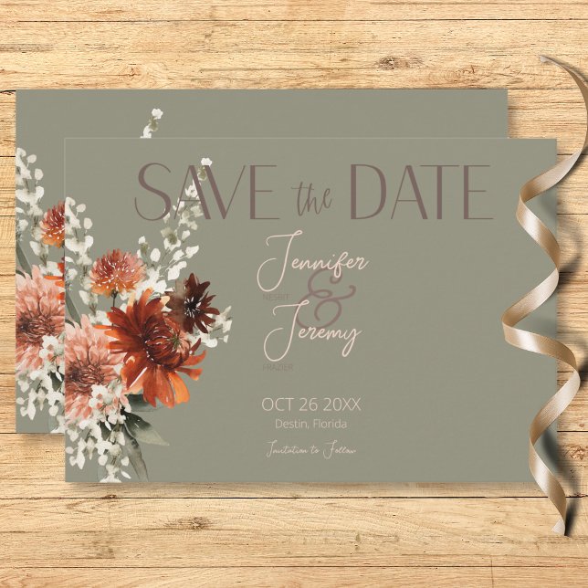 Reserve A Data Boho Rust & Neutral Fall Floral Sage Casamento Ver (Boho Rust & Neutral Fall Floral Sage Green Wedding Save The Date Card)