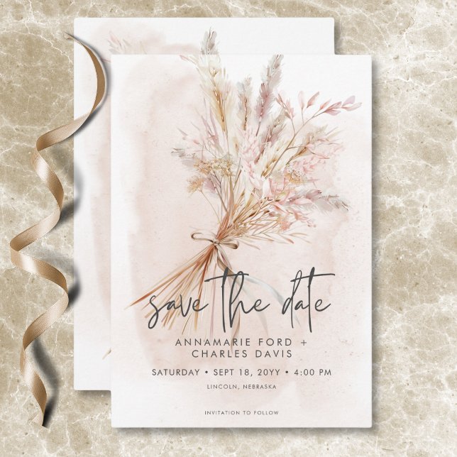 Reserve A Data Boho Rustic Pampas & Casamento de Buquê de Grama S (Boho Rustic Pampas & Dried Grass Bouquet Wedding Save The Date)