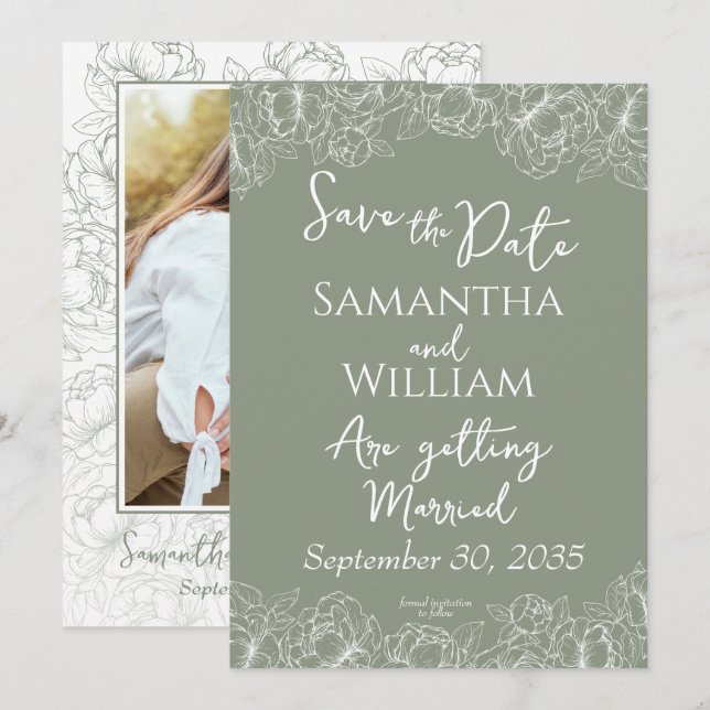 Reserve A Data Boho Sage Green Floral Modern Photo Wedding (Frente/Verso)