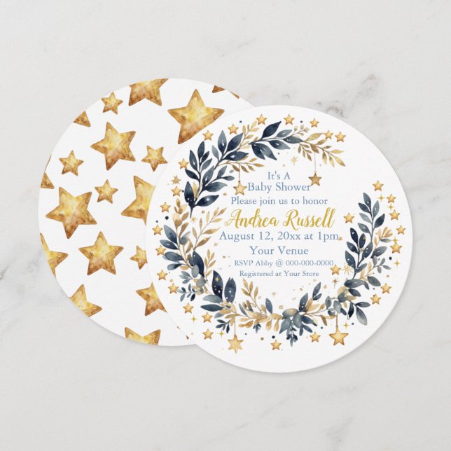 Reserve A Data Boho Stars Greenery Baby Shower Invitation (Frente/Verso)
