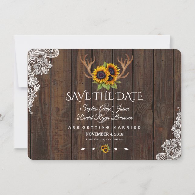 Reserve A Data Boho Sunflower Antlers Wood Casamento Salvar Data (Frente)