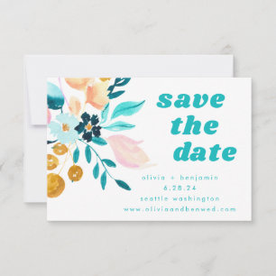 Reserve A Data Boho Teal Blue e Dourado Casamento Floral de Aquar