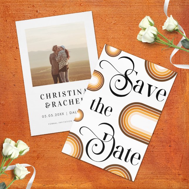 Reserve A Data Boho Terracotta Arch & Retro Script Foto Casamento (Criador carregado)