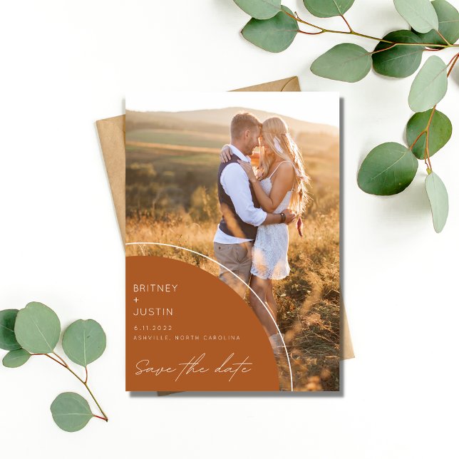 Reserve A Data Boho Terracotta Dois Casamento Fotográfico Salvar  (Boho Terracotta Two Photo Wedding Save the Date)