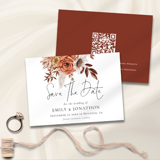 Reserve A Data Boho Terracotta Fall Florals Código QR Casamento (Front and back view)