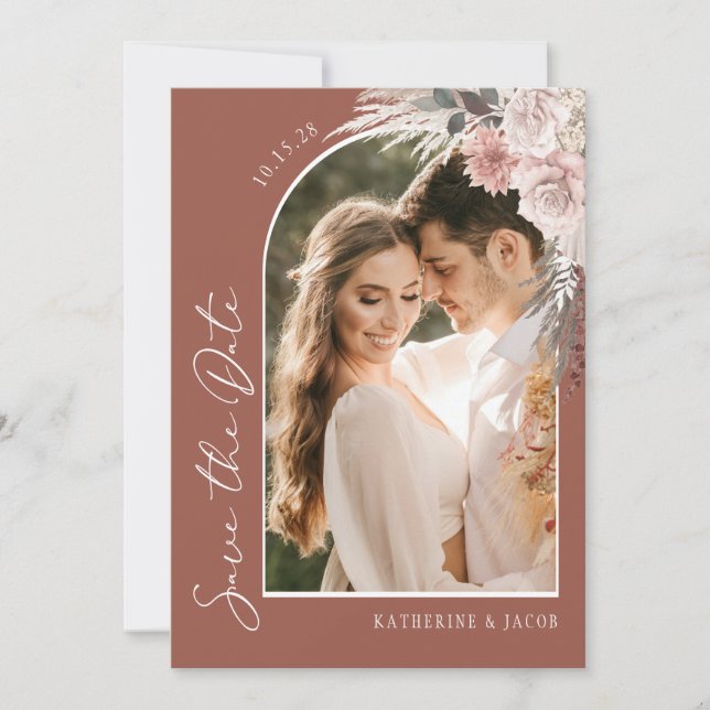 Reserve A Data Boho Terracotta Foto Casamento (Frente)