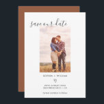 Reserve A Data Boho Terracotta Foto De Casamento Salvar A Data<br><div class="desc">Este casamento de terracotta moderno salve o cartão de data mostra sua foto com uma design minimalista com um esquema de cores do deserto de boho e uma tipografia moderna e limpa. Terracotta é uma nova tendência de cores para 2021 e é um tom adorável, saturado e quente, neutro. Uma...</div>