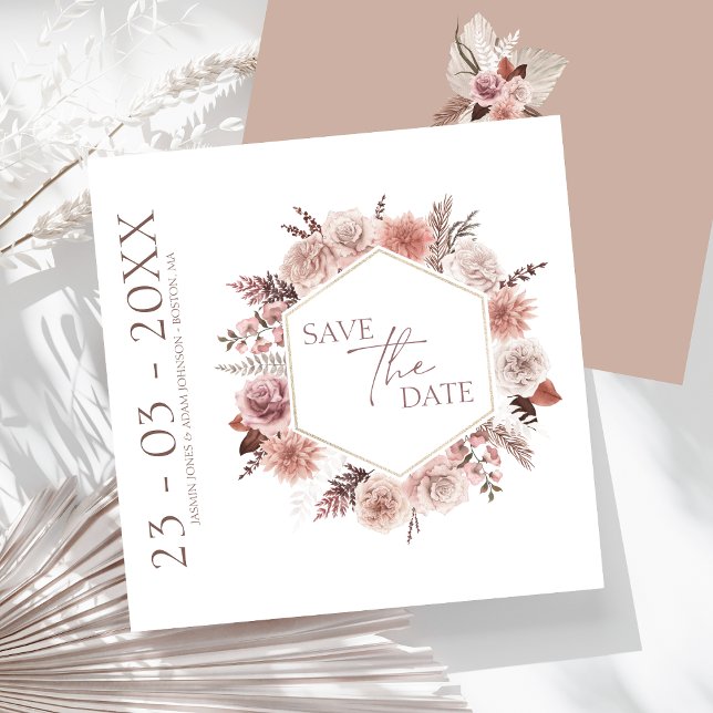Reserve A Data Boho Terracotta Neutral Floral Wreath Casamento (Boho Dusty Pink Dried Flowers Wreath Wedding Save The Date)