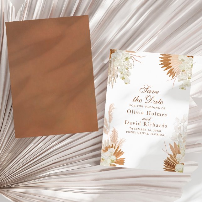 Reserve A Data Boho Terracotta Pampas Casamento Floral (Boho Terracotta Pampas Grass Floral Wedding Save The Date on a sunny neutral dry palm leaf.)
