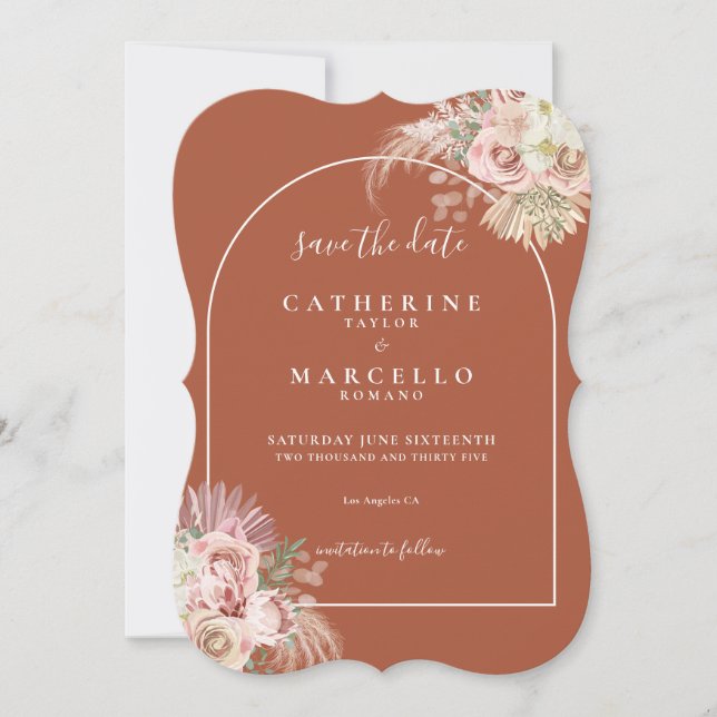 Reserve A Data Boho Terracotta Pampas Grama Arco Floral Casamento (Frente)