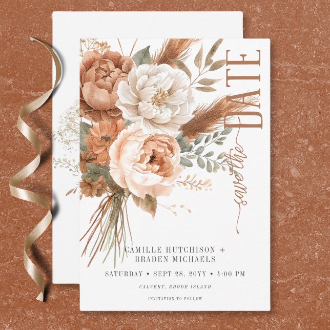 Reserve A Data Boho Terracotta Peach & Cream Casamento Branco Flo (Boho Terracotta Peach & Cream Floral White Wedding Save The Date)