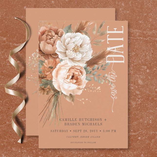 Reserve A Data Boho Terracotta Peach & Cream Casamento Floral (Boho Terracotta Peach & Cream Floral Wedding Save The Date)