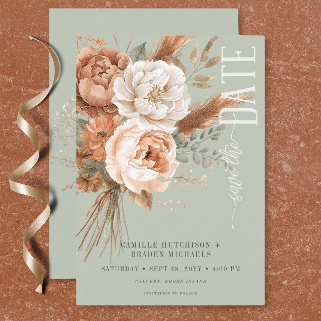 Reserve A Data Boho Terracotta Peach & Cream Casamento Verde Flor (Boho Terracotta Peach & Cream Floral Green Wedding Save The Date)