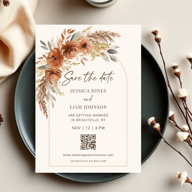 Reserve A Data Boho Terracotta Rust Queda Casamento Floral Código (Modern Elegant Boho Terracotta Rust Fall Floral Wedding Save the Date)