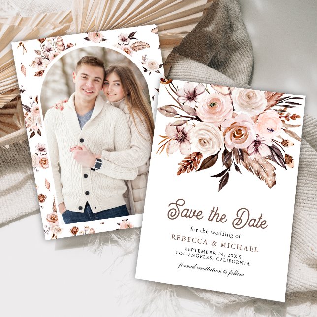 Reserve A Data Boho Terroso Marfim Floral Foto Casamento (Criador carregado)