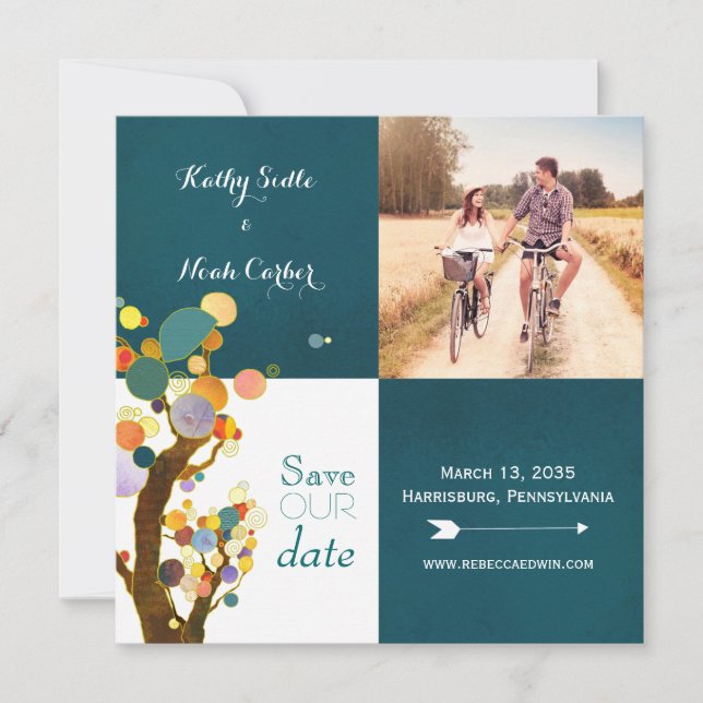 Reserve A Data Boho Trees Teal Wedding Foto para Salvar a Data (Frente)