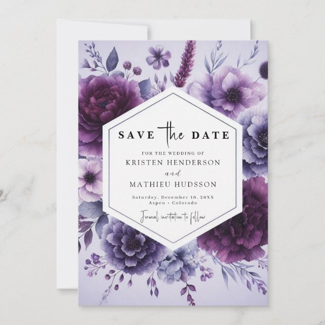 Reserve A Data Boho Typografia Purple Floral Casamento (Frente)