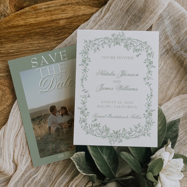 Reserve A Data Boho Verde Sage Floral Foto Casamento Salve O  (Criador carregado)