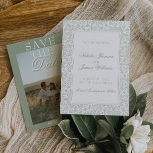 Reserve A Data Boho Verde Sage Floral Moderno Foto Casamento