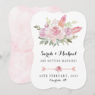 Reserve A Data Boho Watercolor roseiras e penas cor-de-rosa