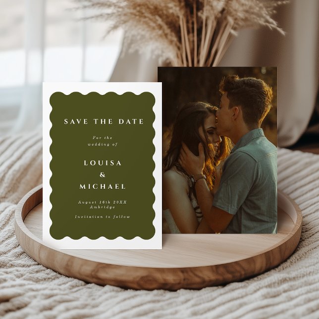 Reserve A Data Boho Wavy Border Green Photo Wedding (Criador carregado)