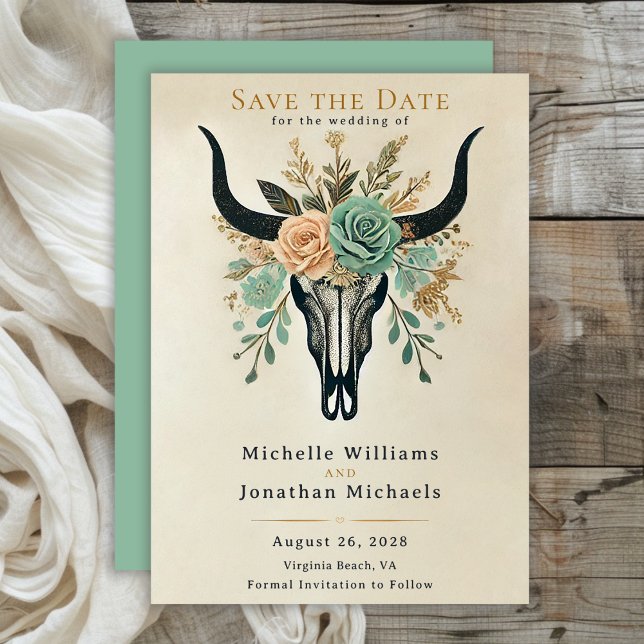 Reserve A Data Boho Western Floral Bull Cow Skull (Boho Floral Bull Cow Skull Wedding Save The Date)