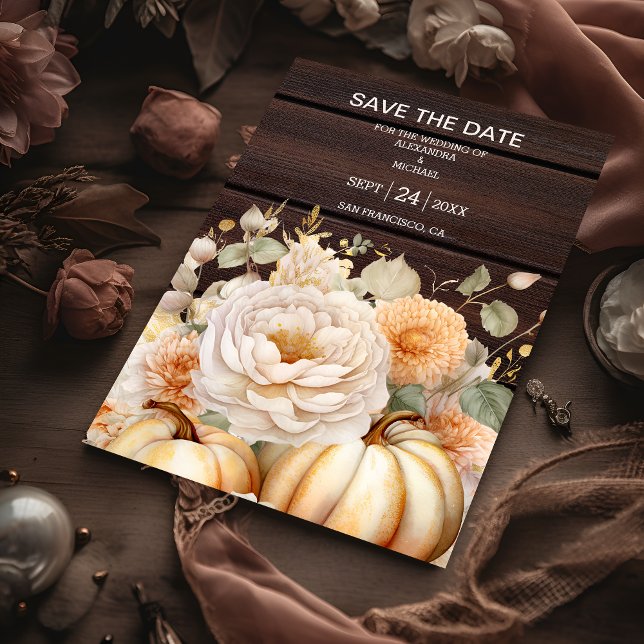 Reserve A Data Boho White e Dourado Casamento com Pumpkins (Criador carregado)